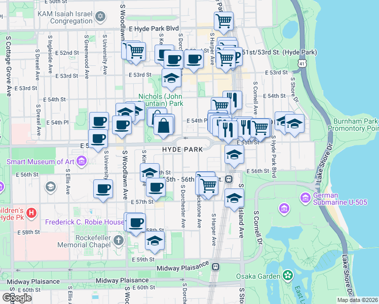 map of restaurants, bars, coffee shops, grocery stores, and more near 5514 South Blackstone Avenue in Chicago