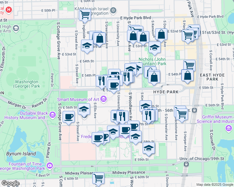 map of restaurants, bars, coffee shops, grocery stores, and more near 5500 South University Avenue in Chicago