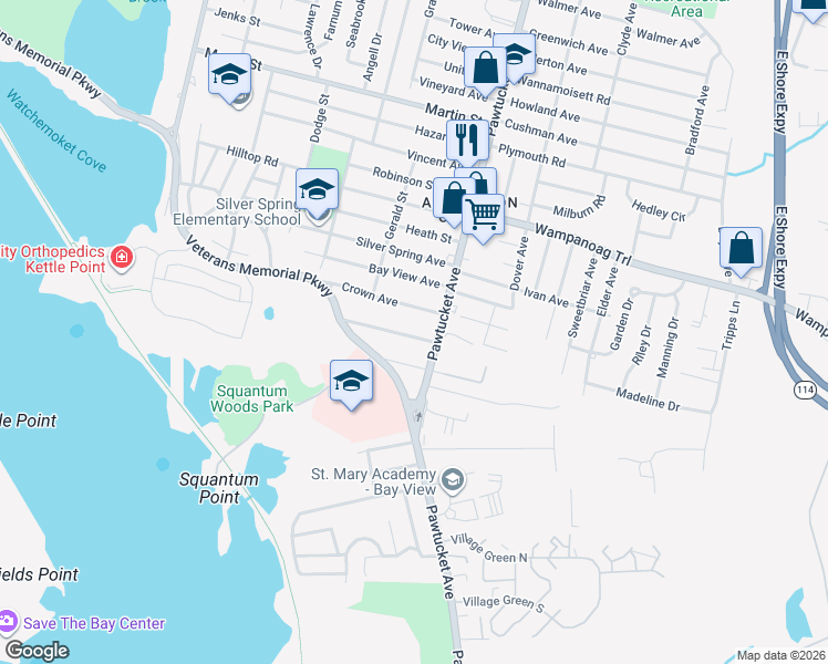 map of restaurants, bars, coffee shops, grocery stores, and more near 78 Mountain Ave in East Providence