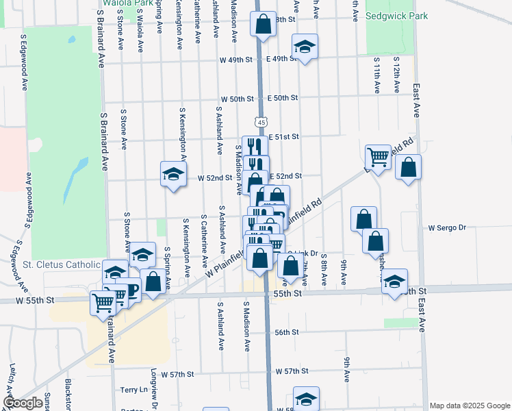 map of restaurants, bars, coffee shops, grocery stores, and more near 1037 South Madison Avenue in La Grange