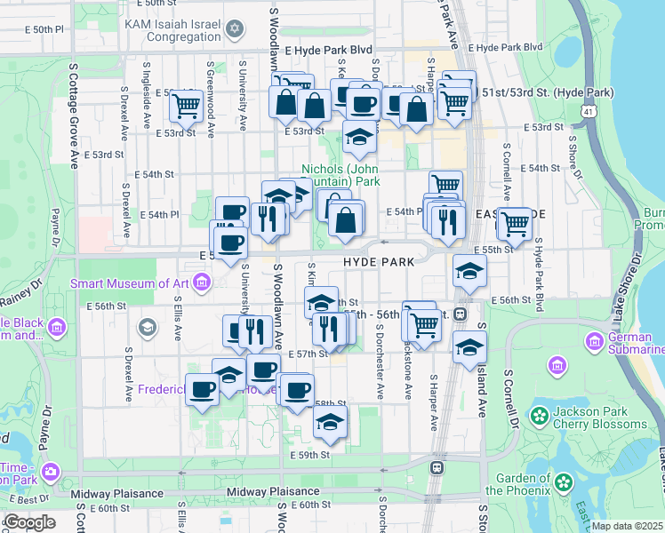 map of restaurants, bars, coffee shops, grocery stores, and more near 5506 South Kenwood Avenue in Chicago