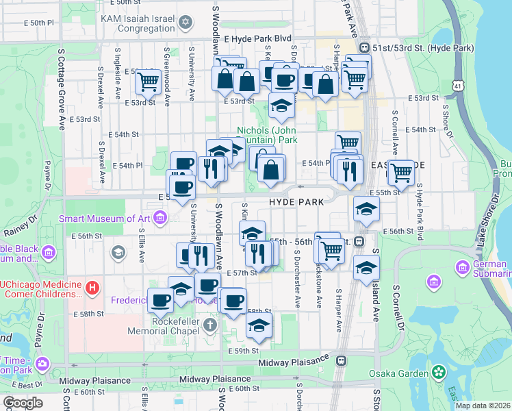map of restaurants, bars, coffee shops, grocery stores, and more near 5501 South Kimbark Avenue in Chicago