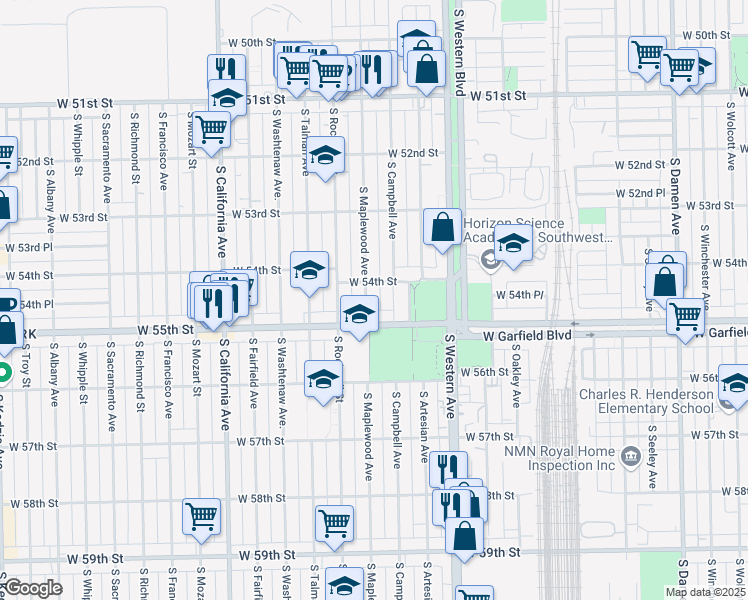 map of restaurants, bars, coffee shops, grocery stores, and more near 5415 South Maplewood Avenue in Chicago