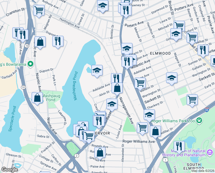 map of restaurants, bars, coffee shops, grocery stores, and more near 350 Adelaide Ave in Providence