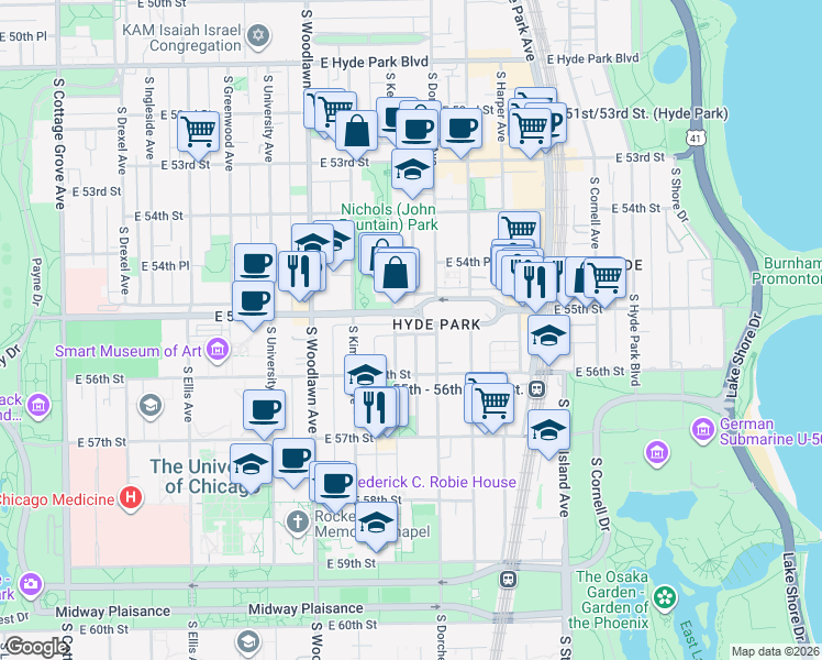 map of restaurants, bars, coffee shops, grocery stores, and more near 1363 East 55th Place in Chicago