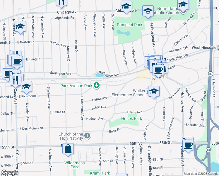 map of restaurants, bars, coffee shops, grocery stores, and more near 415 Park Avenue in Clarendon Hills