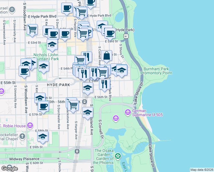 map of restaurants, bars, coffee shops, grocery stores, and more near 5518 South Hyde Park Boulevard in Chicago
