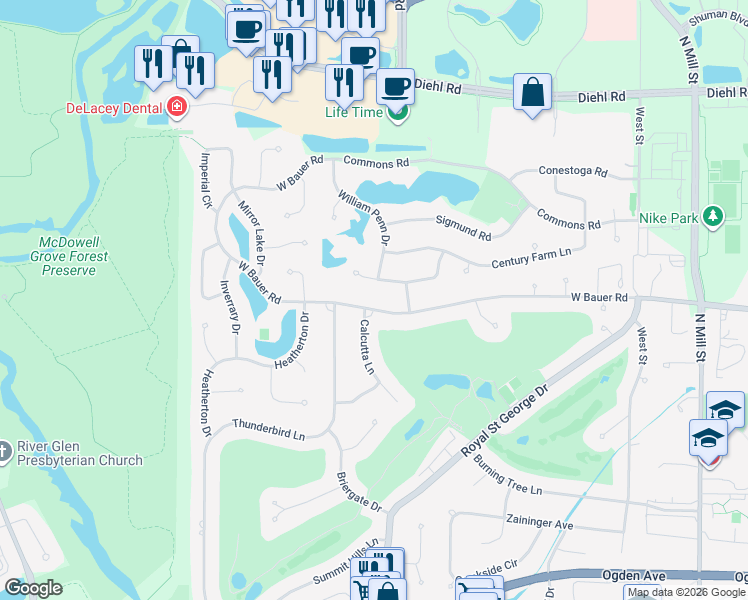 map of restaurants, bars, coffee shops, grocery stores, and more near 977 West Bauer Road in Naperville