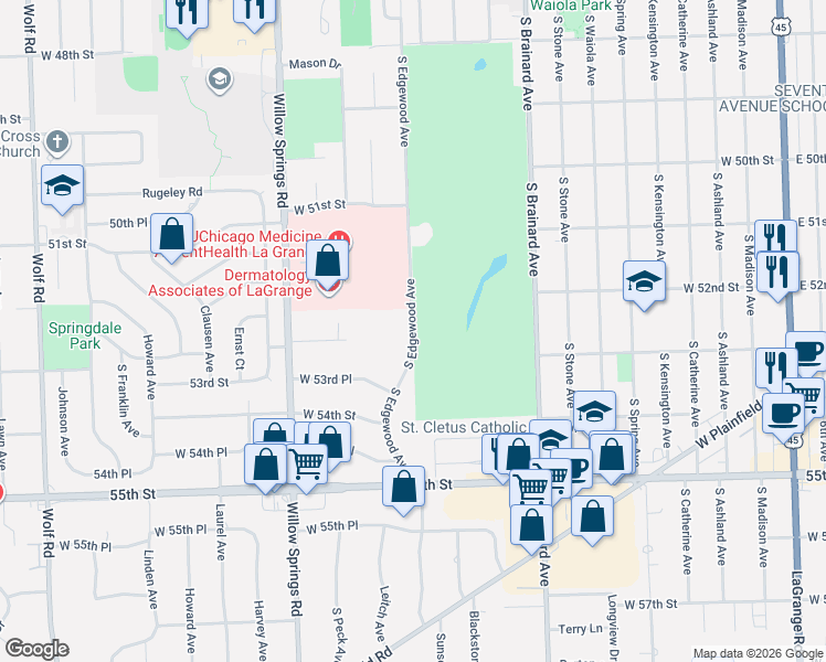 map of restaurants, bars, coffee shops, grocery stores, and more near 943 South Edgewood Lane in La Grange
