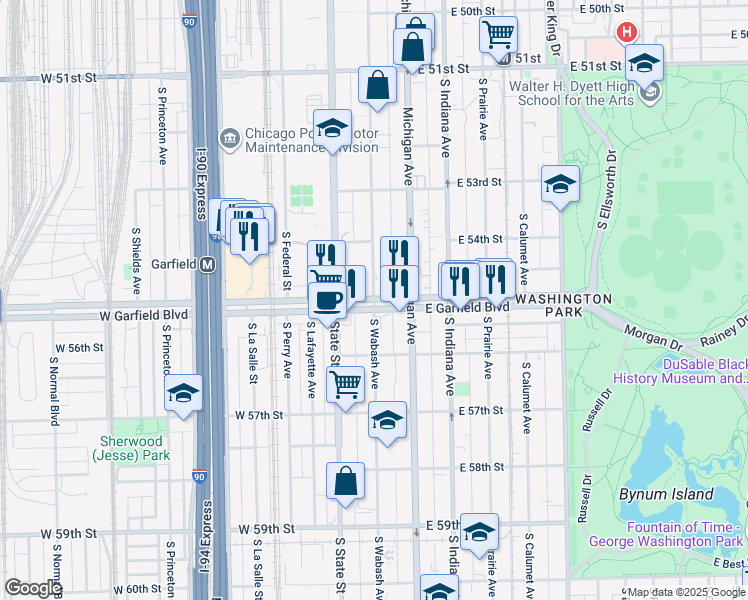 map of restaurants, bars, coffee shops, grocery stores, and more near S Wabash Ave & E Garfield Blvd in Chicago