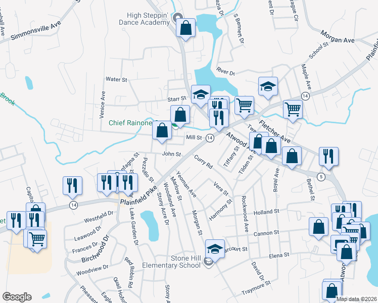 map of restaurants, bars, coffee shops, grocery stores, and more near 1437 Plainfield Pike in Johnston