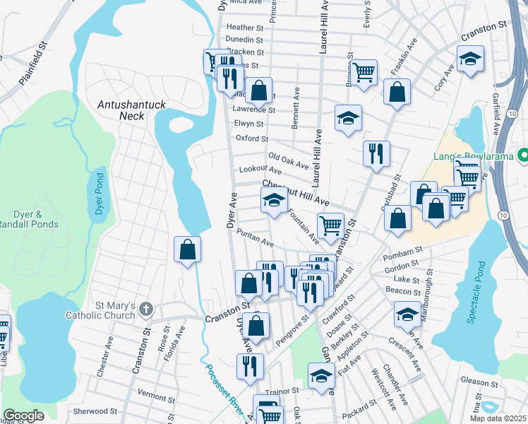 map of restaurants, bars, coffee shops, grocery stores, and more near 181 Princess Avenue in Cranston