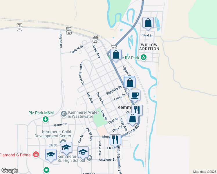 map of restaurants, bars, coffee shops, grocery stores, and more near 714 Sage Avenue in Kemmerer