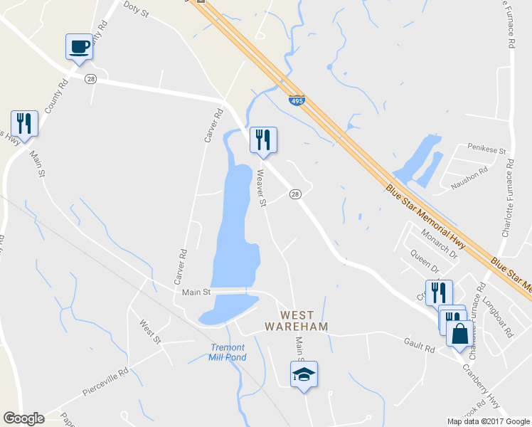 map of restaurants, bars, coffee shops, grocery stores, and more near 28 Weaver Street in Wareham