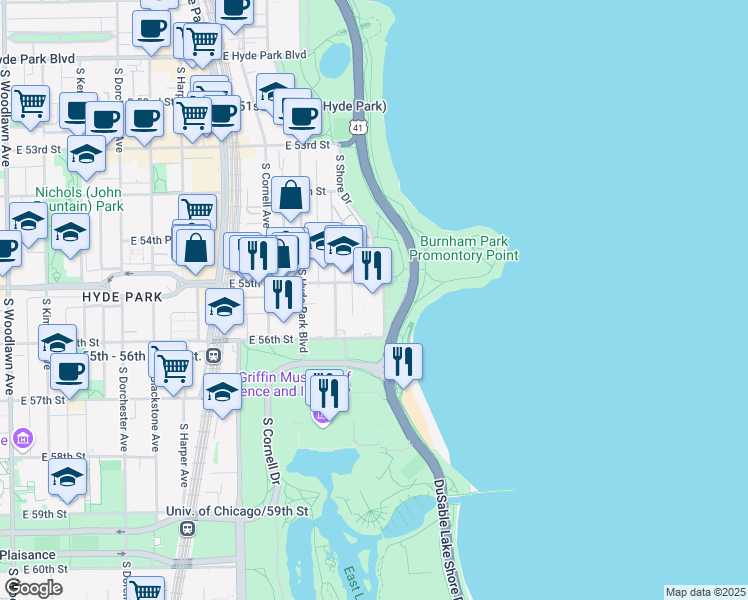 map of restaurants, bars, coffee shops, grocery stores, and more near 5530 South Shore Drive in Chicago