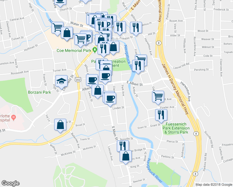 map of restaurants, bars, coffee shops, grocery stores, and more near 53 Clarence Street in Torrington