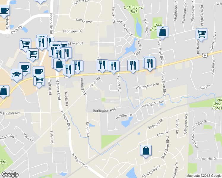 map of restaurants, bars, coffee shops, grocery stores, and more near 3016 Tangley Oaks Trail in Lisle