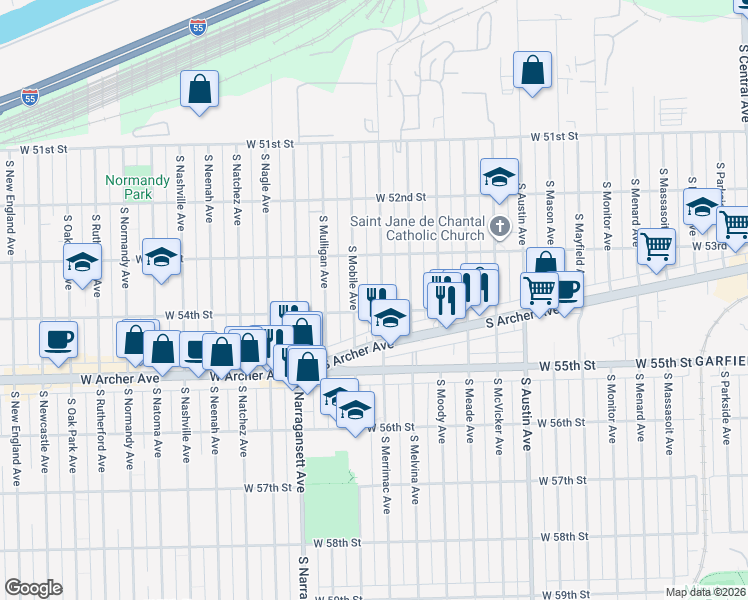 map of restaurants, bars, coffee shops, grocery stores, and more near 5354 South Merrimac Avenue in Chicago