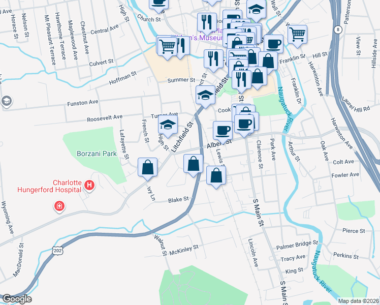 map of restaurants, bars, coffee shops, grocery stores, and more near 169 Albert Street in Torrington