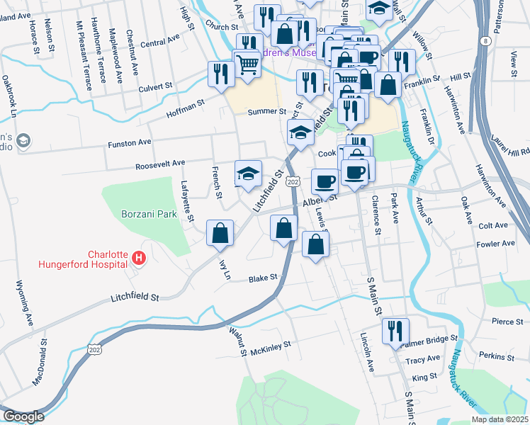 map of restaurants, bars, coffee shops, grocery stores, and more near 262 Albert Street in Torrington