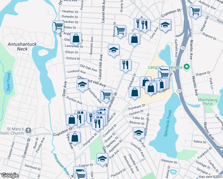 map of restaurants, bars, coffee shops, grocery stores, and more near 16 Chestnut Hill Avenue in Cranston