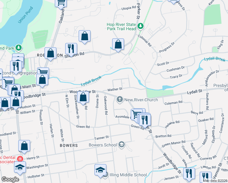 map of restaurants, bars, coffee shops, grocery stores, and more near 44 Mather Street in Manchester