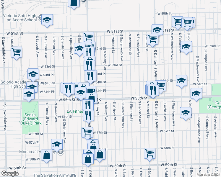 map of restaurants, bars, coffee shops, grocery stores, and more near 3046 West 54th Place in Chicago