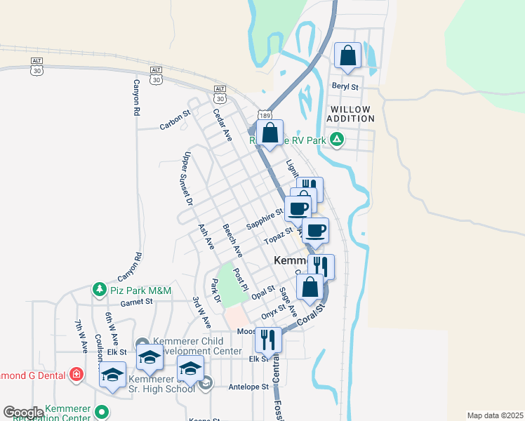 map of restaurants, bars, coffee shops, grocery stores, and more near 709 Cedar Avenue in Kemmerer