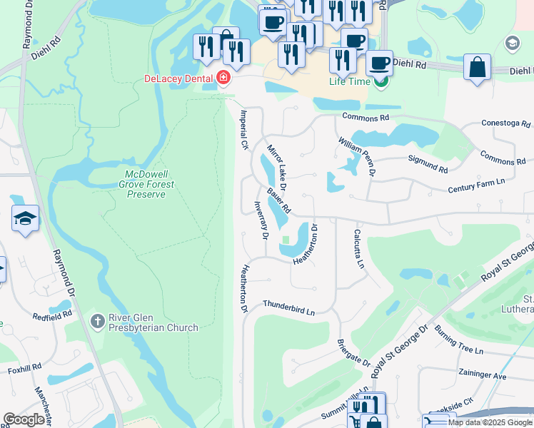 map of restaurants, bars, coffee shops, grocery stores, and more near 1482 Inverrary Drive in Naperville