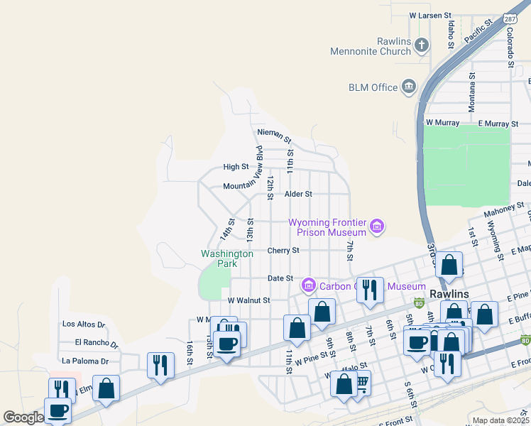 map of restaurants, bars, coffee shops, grocery stores, and more near 1002 12th Street in Rawlins