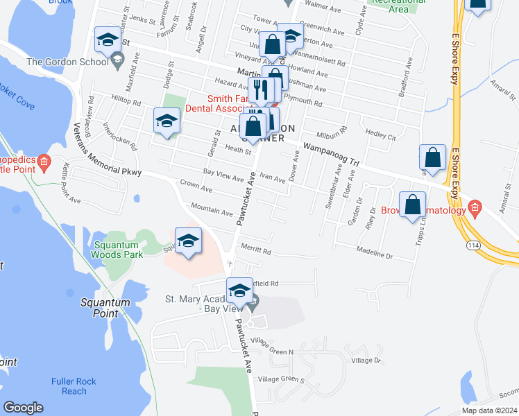 map of restaurants, bars, coffee shops, grocery stores, and more near 2930 Pawtucket Avenue in East Providence