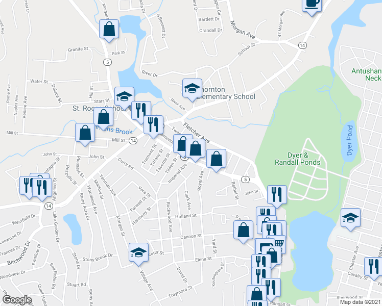 map of restaurants, bars, coffee shops, grocery stores, and more near 73 Clemence Street in Cranston