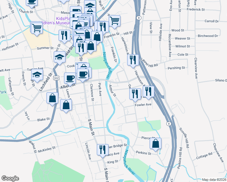 map of restaurants, bars, coffee shops, grocery stores, and more near 51 Arthur Street in Torrington