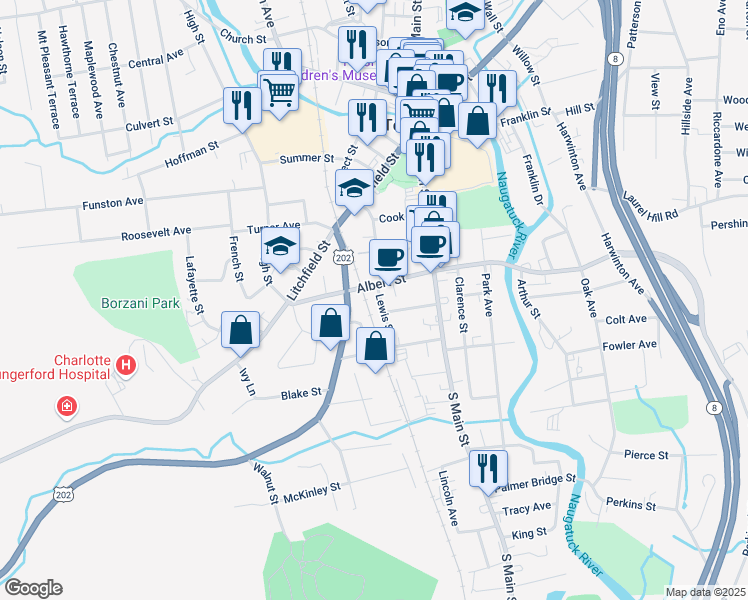 map of restaurants, bars, coffee shops, grocery stores, and more near 28 Lewis Street in Torrington