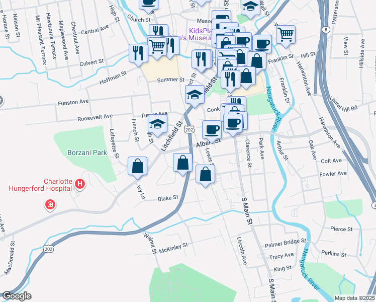 map of restaurants, bars, coffee shops, grocery stores, and more near 169 Albert Street in Torrington