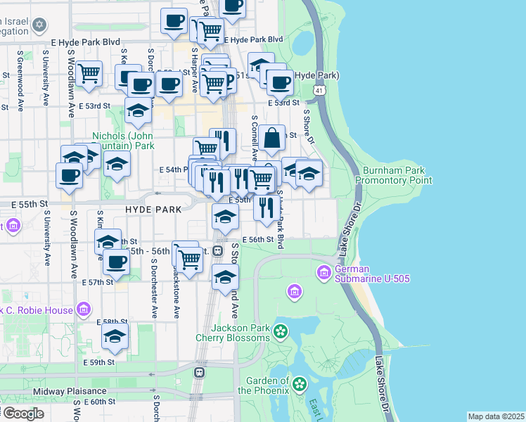 map of restaurants, bars, coffee shops, grocery stores, and more near 5521 South Cornell Avenue in Chicago