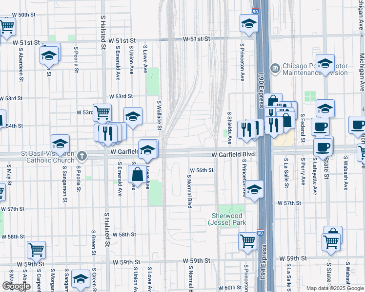 map of restaurants, bars, coffee shops, grocery stores, and more near 530 West Garfield Boulevard in Chicago