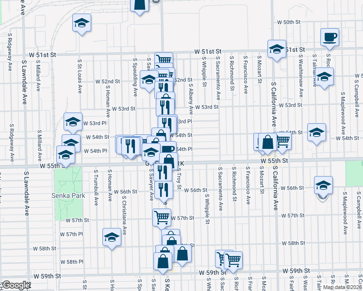 map of restaurants, bars, coffee shops, grocery stores, and more near 3116 West 54th Place in Chicago