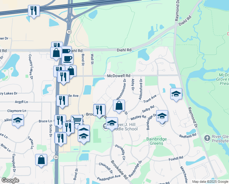 map of restaurants, bars, coffee shops, grocery stores, and more near 1621 Westminster Drive in Naperville