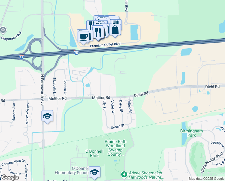 map of restaurants, bars, coffee shops, grocery stores, and more near 1700 Molitor Road in Aurora