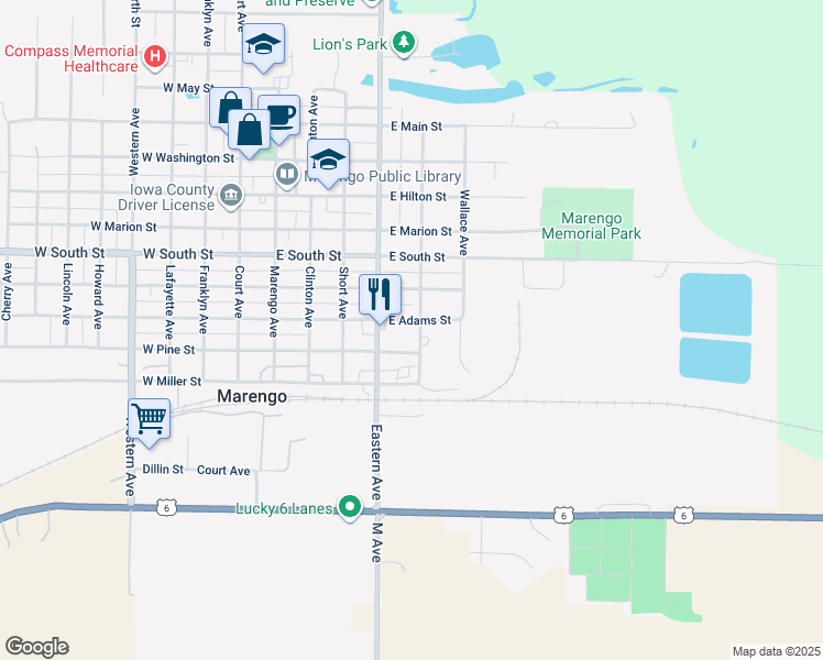 map of restaurants, bars, coffee shops, grocery stores, and more near 501-599 East Pine Street in Marengo