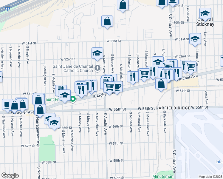 map of restaurants, bars, coffee shops, grocery stores, and more near 6118 South Archer Avenue in Chicago