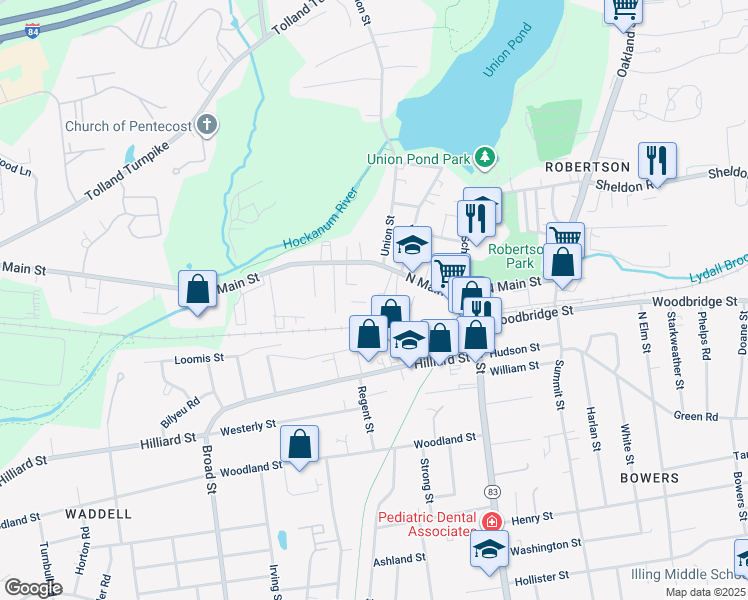 map of restaurants, bars, coffee shops, grocery stores, and more near 400 North Main Street in Manchester