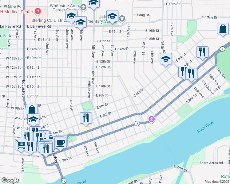 map of restaurants, bars, coffee shops, grocery stores, and more near 902 8th Avenue in Sterling