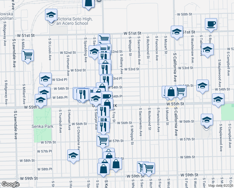 map of restaurants, bars, coffee shops, grocery stores, and more near 3116 West 54th Place in Chicago