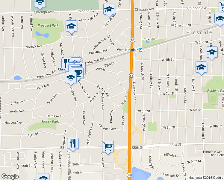 map of restaurants, bars, coffee shops, grocery stores, and more near 61 Harris Avenue in Clarendon Hills