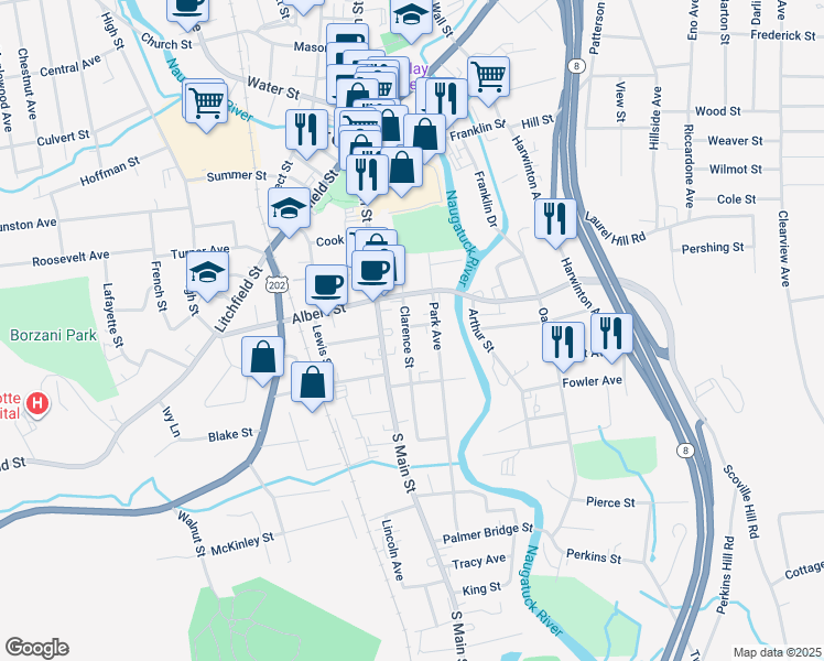 map of restaurants, bars, coffee shops, grocery stores, and more near 51 Clarence Street in Torrington