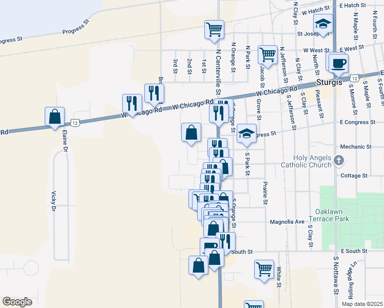 map of restaurants, bars, coffee shops, grocery stores, and more near 69080 Michigan 66 in Sturgis