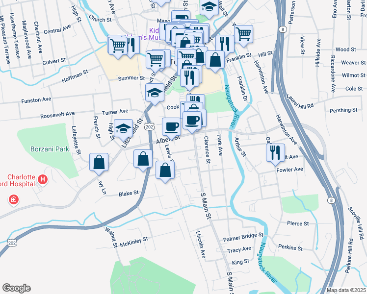map of restaurants, bars, coffee shops, grocery stores, and more near 52 Elton Street in Torrington