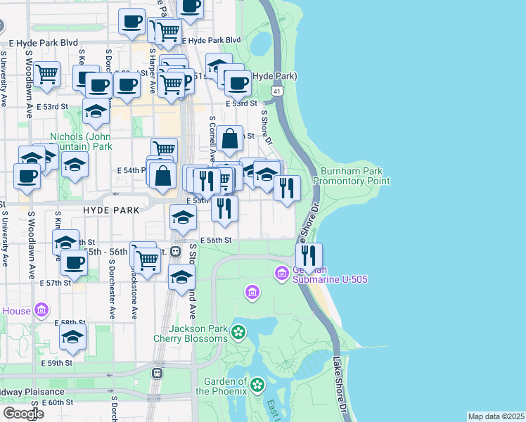 map of restaurants, bars, coffee shops, grocery stores, and more near 5511 South Everett Avenue in Chicago